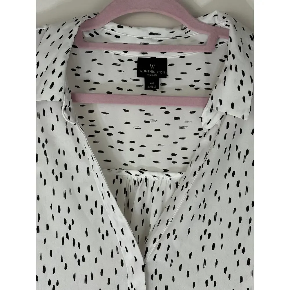 Worthington Woman White & Black Long Sleeve V-neck Collar Blouse Top Size 4X - Picture 2 of 10